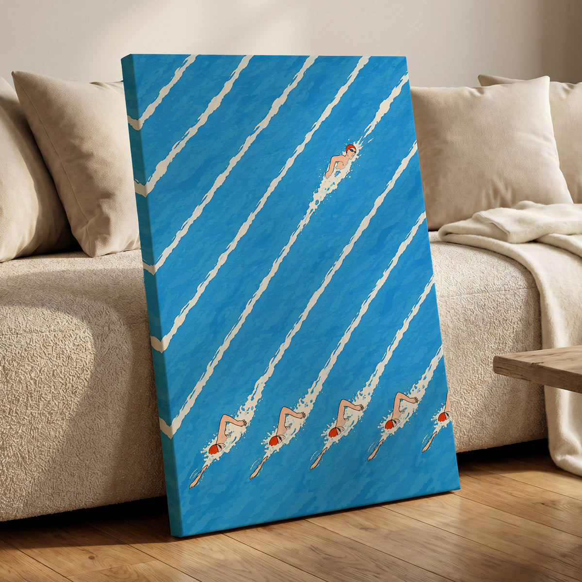 Countercurrent, blue, white, orange abstract wall art displayed in a styled interior, gallery view 7
