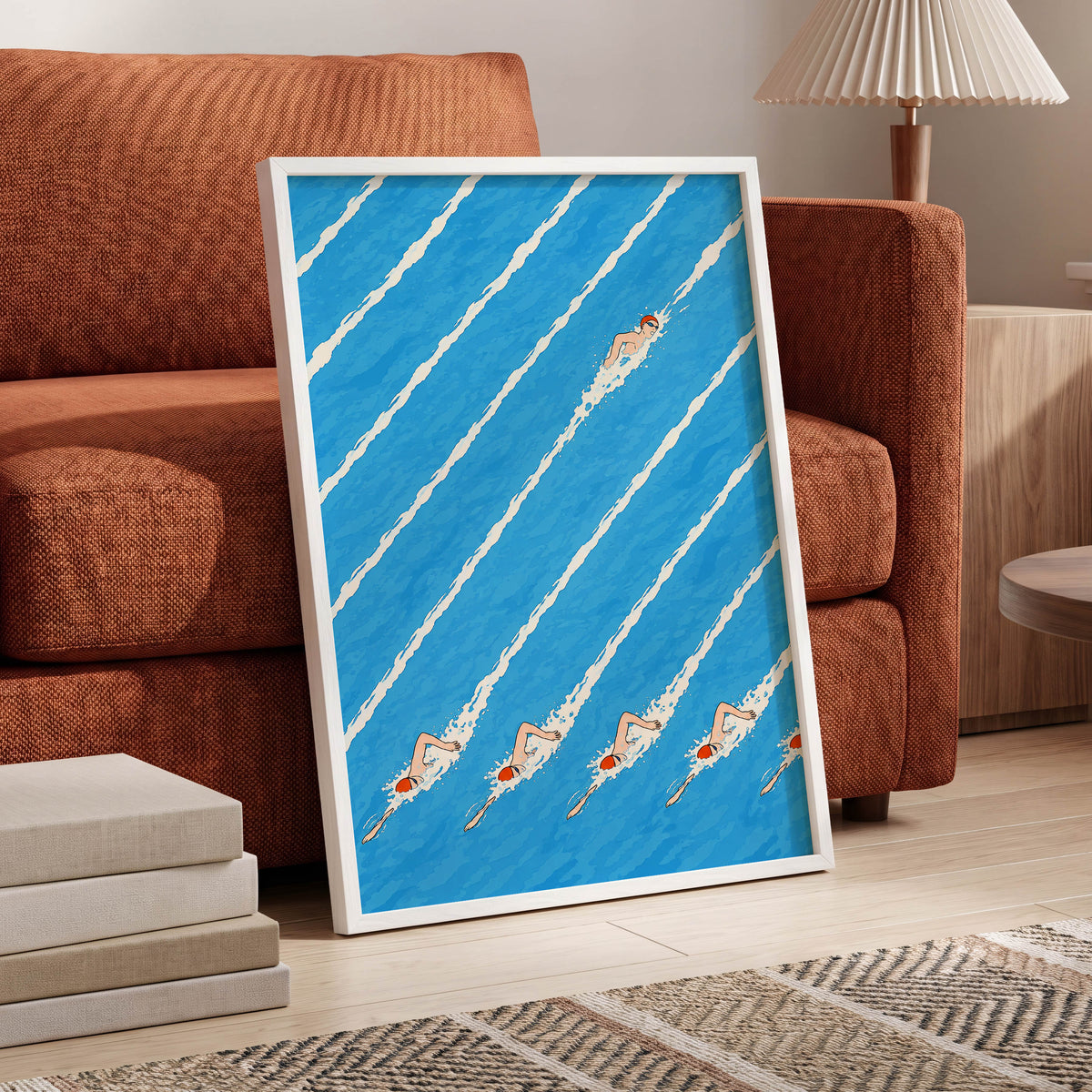 Countercurrent, blue, white, orange abstract wall art displayed in a styled interior, gallery view 9