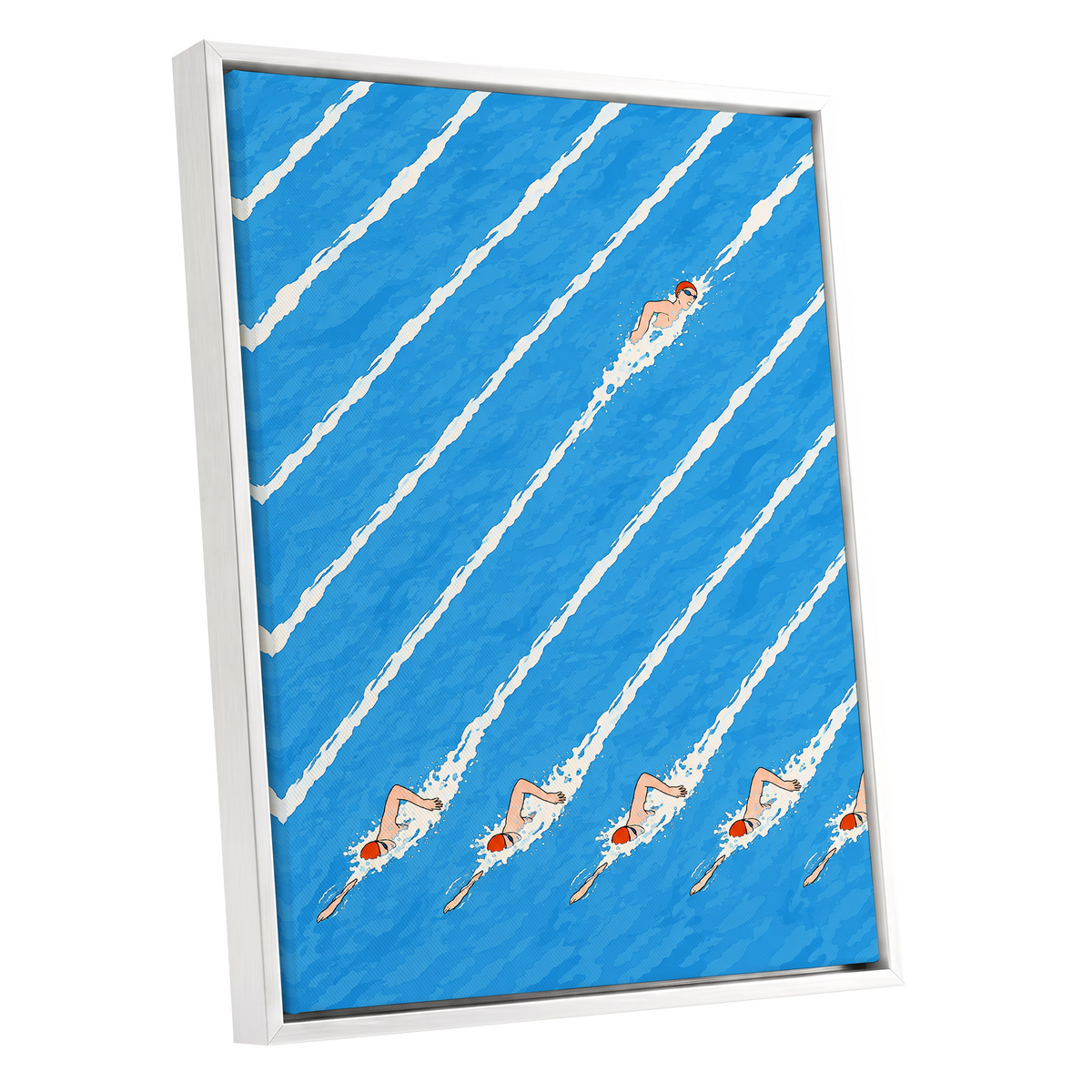 Countercurrent, blue, white, orange abstract wall art shown as a white framed canvas wall art