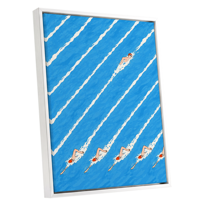 Countercurrent, blue, white, orange abstract wall art shown as a white framed canvas wall art
