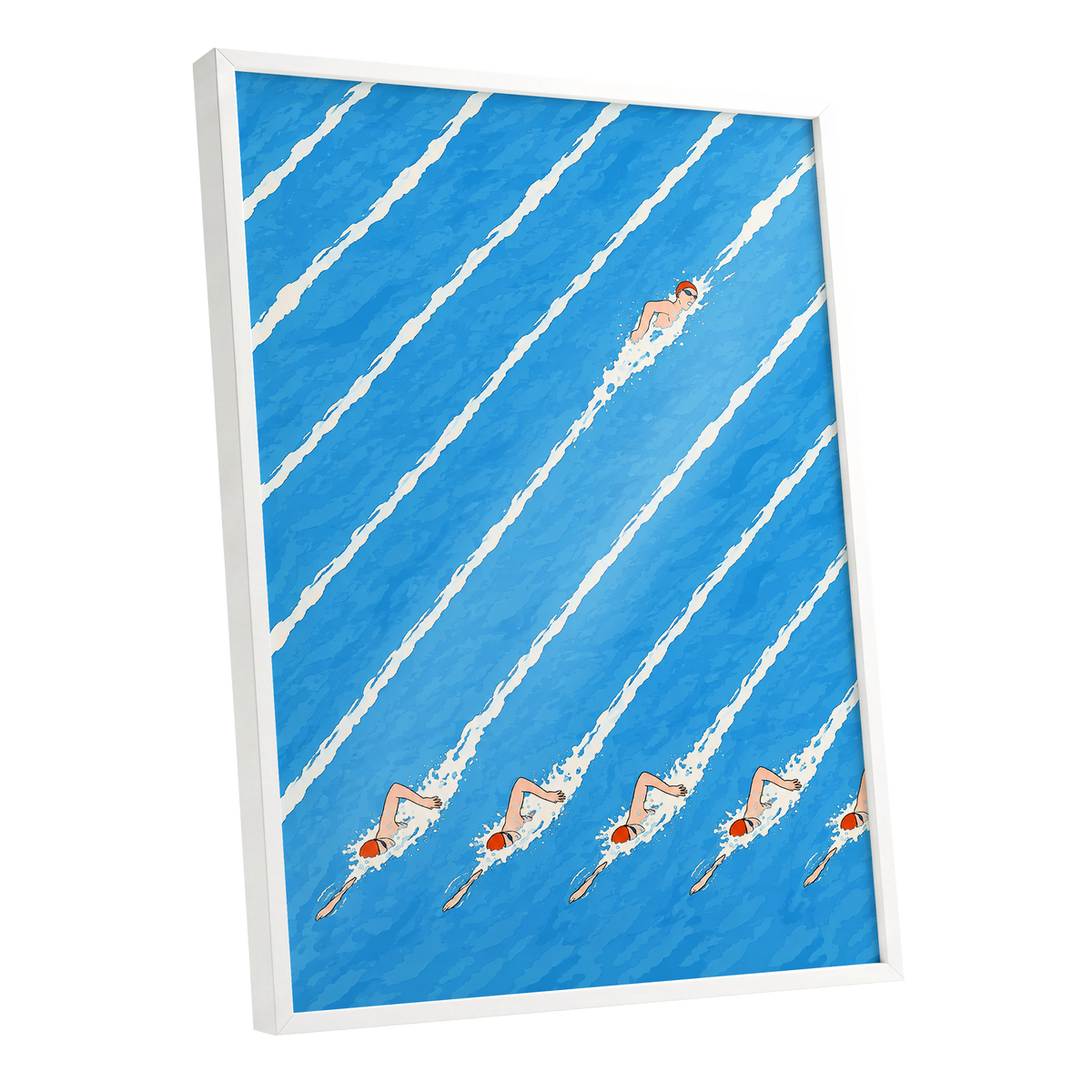 Countercurrent, blue, white, orange abstract wall art shown as a white framed poster wall art print