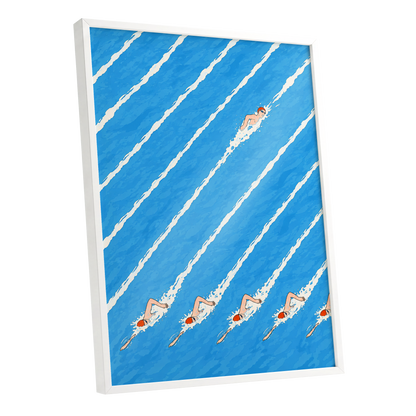 Countercurrent, blue, white, orange abstract wall art shown as a white framed poster wall art print