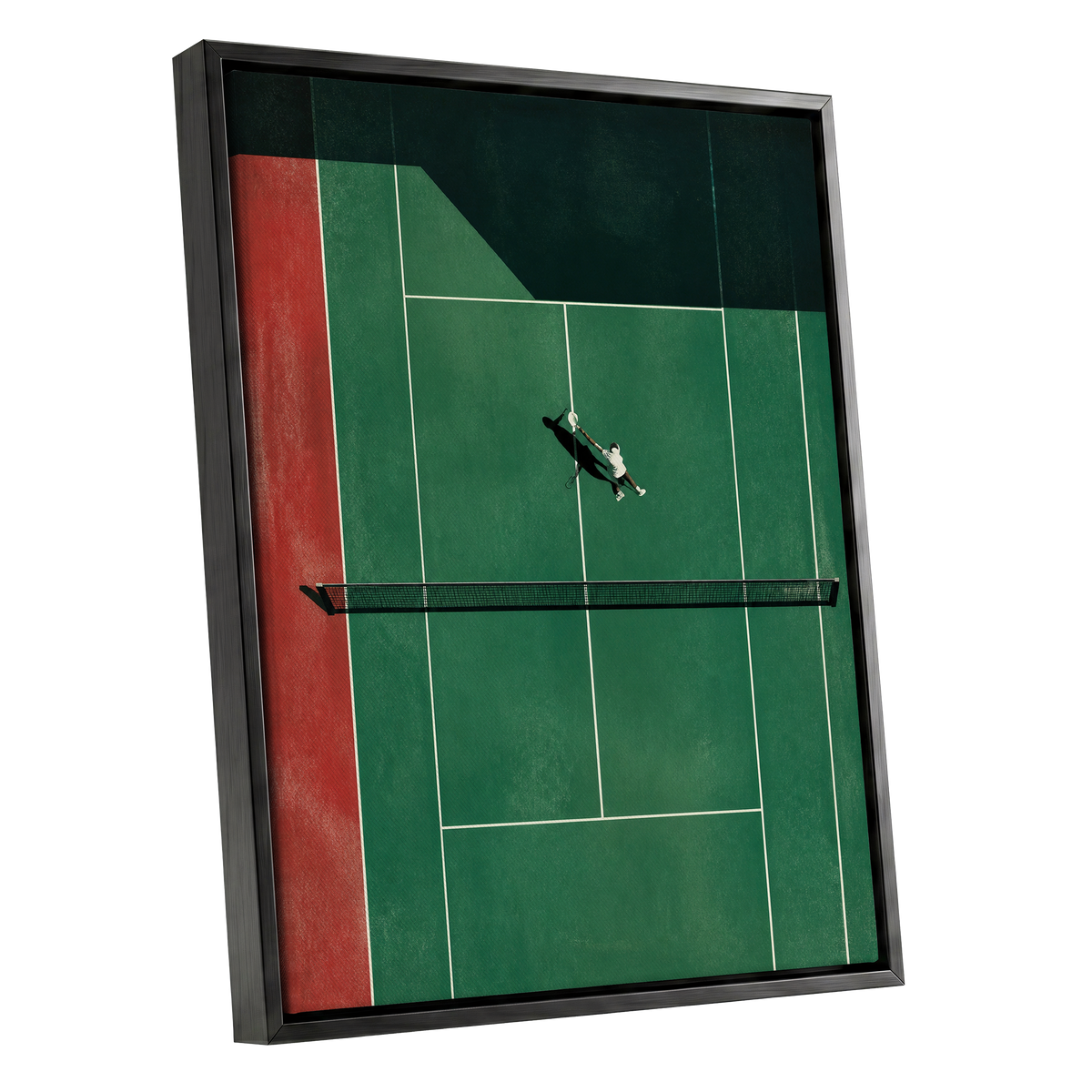 Court in Motion, green, black, red minimalist wall art shown as a black framed canvas wall art
