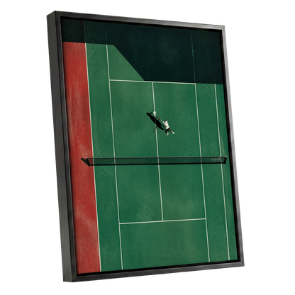Court in Motion, green, black, red minimalist wall art shown as a black framed canvas wall art