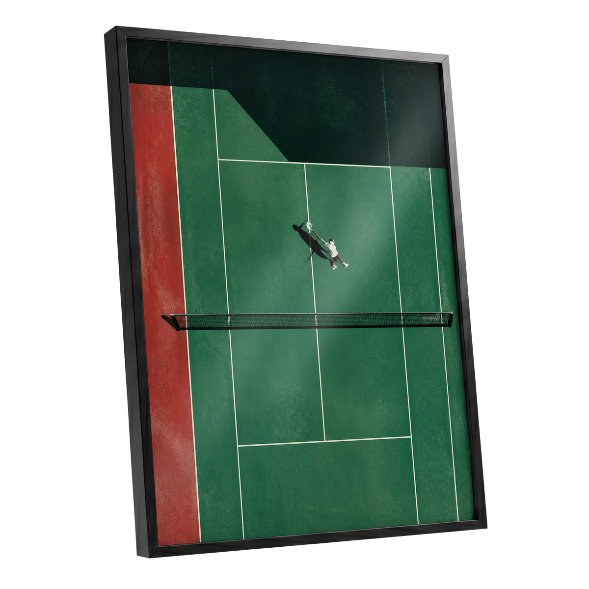 Court in Motion, green, black, red minimalist wall art shown as a black framed poster wall art print