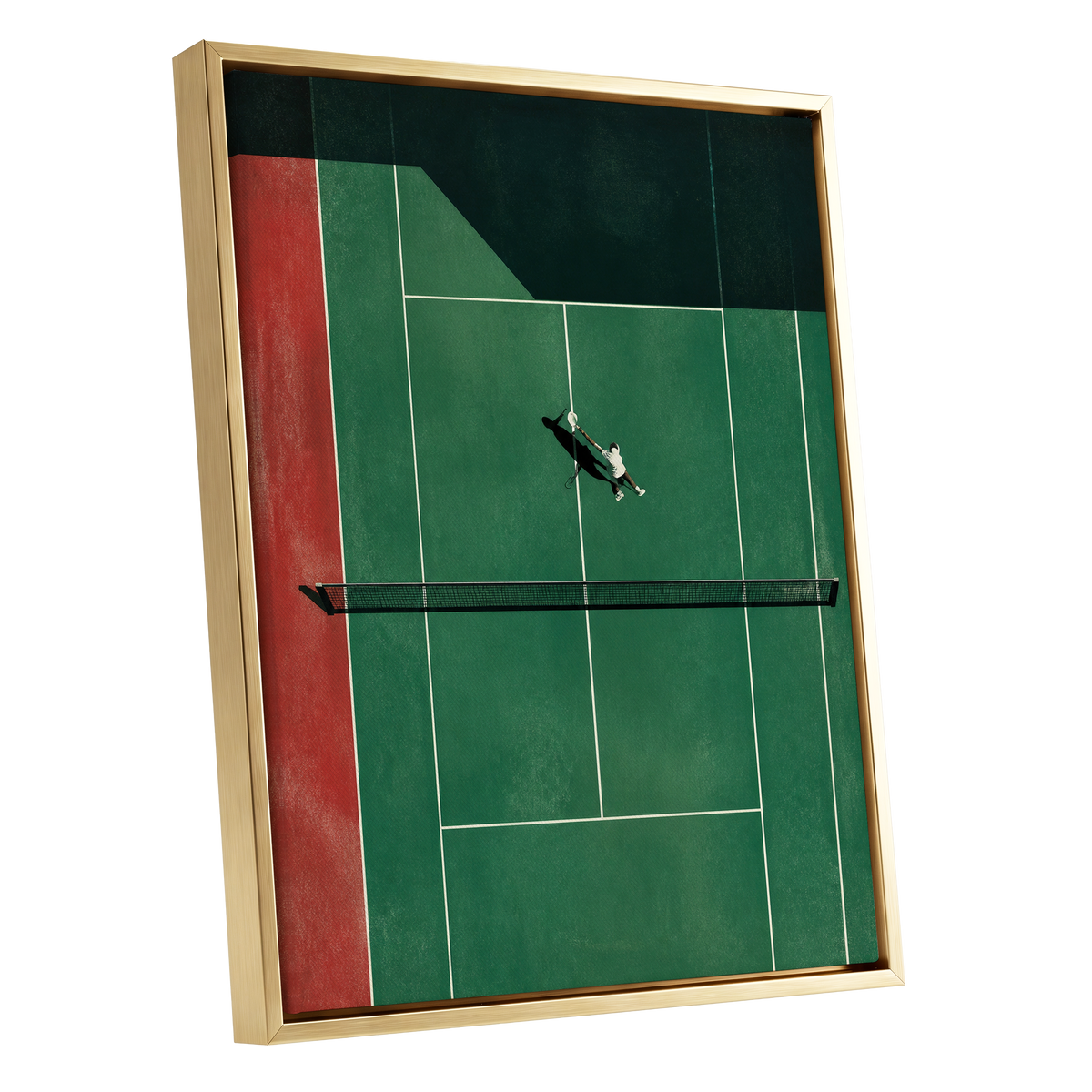 Court in Motion, green, black, red minimalist wall art shown as a gold framed canvas wall art