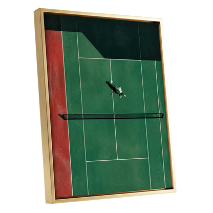 Court in Motion, green, black, red minimalist wall art shown as a gold framed canvas wall art