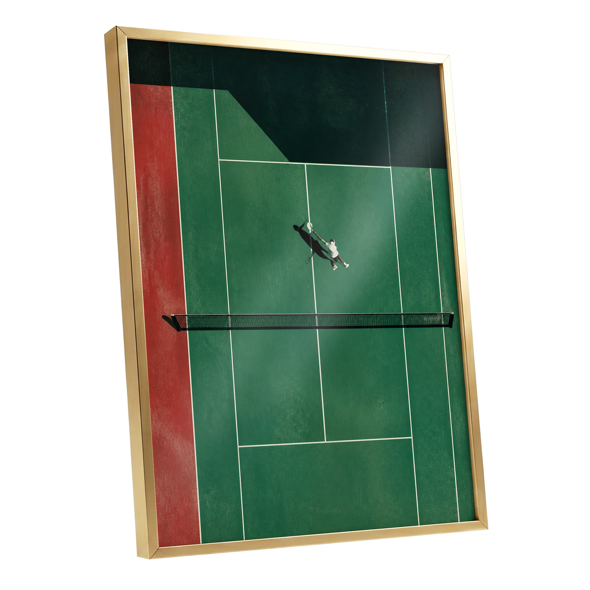 Court in Motion, green, black, red minimalist wall art shown as a gold framed poster wall art print