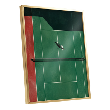 Court in Motion, green, black, red minimalist wall art shown as a gold framed poster wall art print