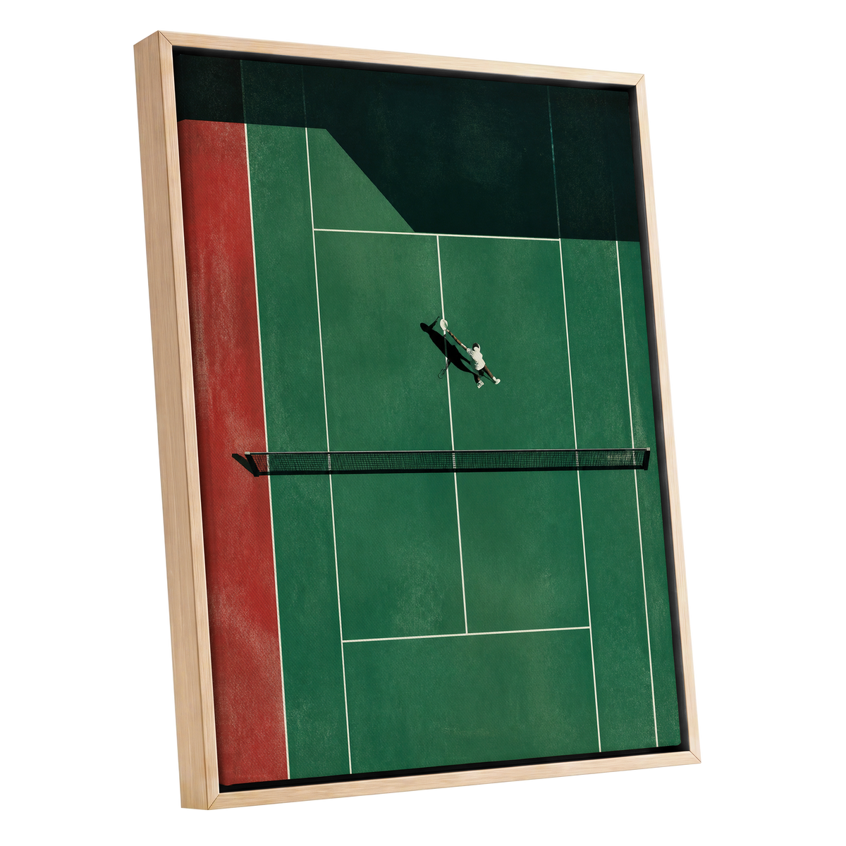 Court in Motion, green, black, red minimalist wall art shown as a oak framed canvas wall art