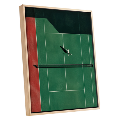 Court in Motion, green, black, red minimalist wall art shown as a oak framed canvas wall art