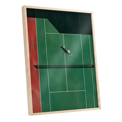 Court in Motion, green, black, red minimalist wall art shown as a oak framed poster wall art print