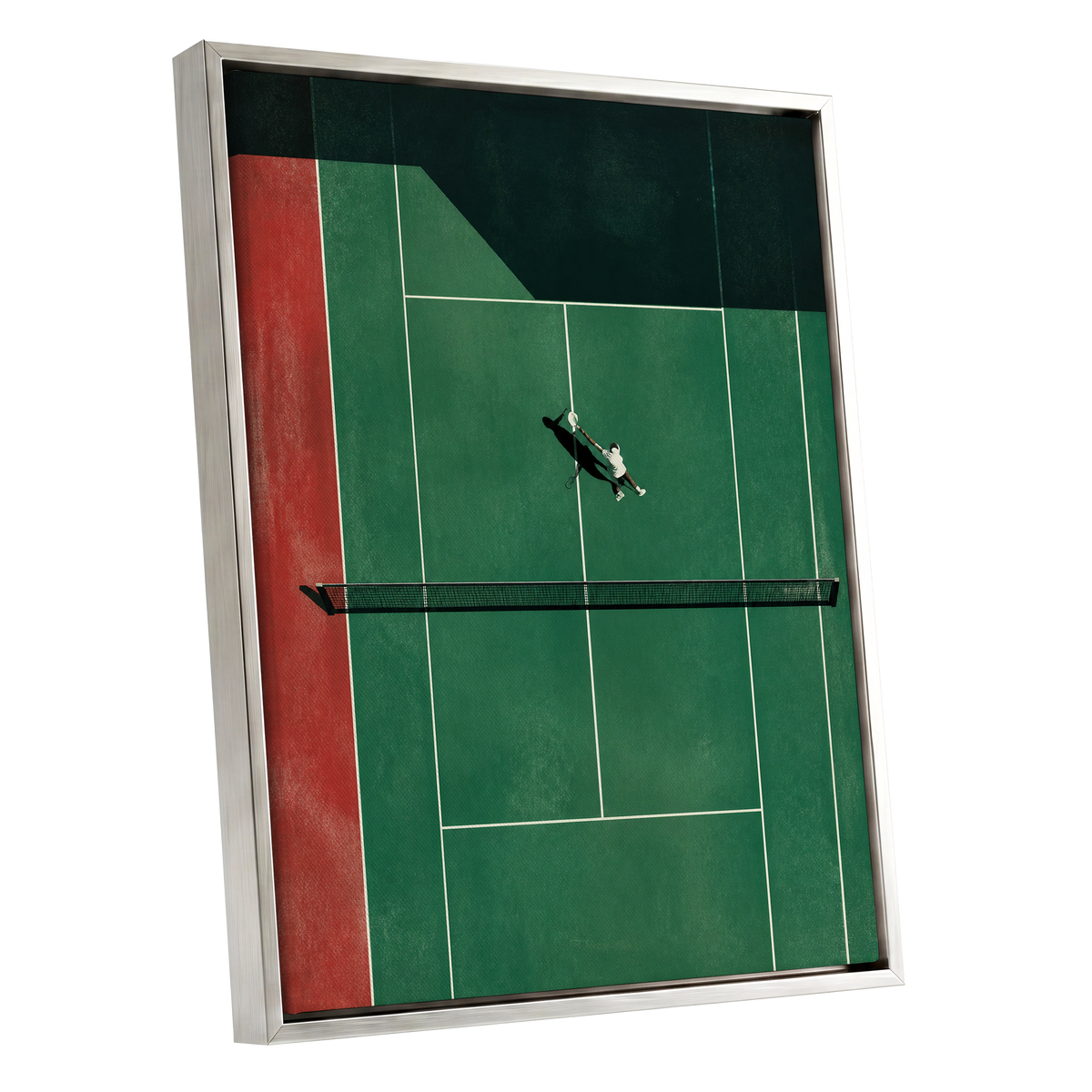 Court in Motion, green, black, red minimalist wall art shown as a silver framed canvas wall art