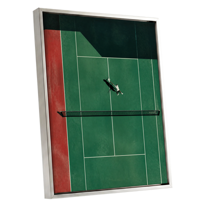 Court in Motion, green, black, red minimalist wall art shown as a silver framed canvas wall art