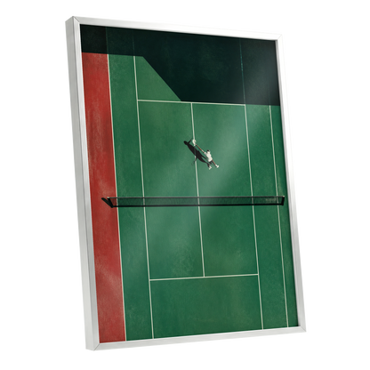 Court in Motion, green, black, red minimalist wall art shown as a silver framed poster wall art print