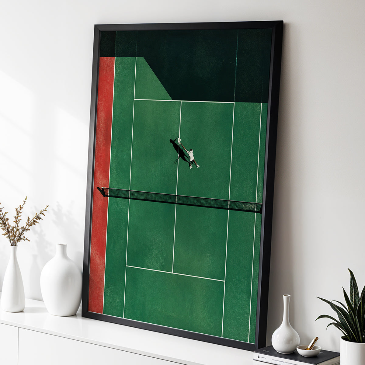Court in Motion, green, black, red minimalist wall art displayed in a styled interior, gallery view 2
