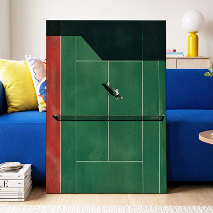 Court in Motion, green, black, red minimalist wall art displayed in a styled interior, gallery view 3