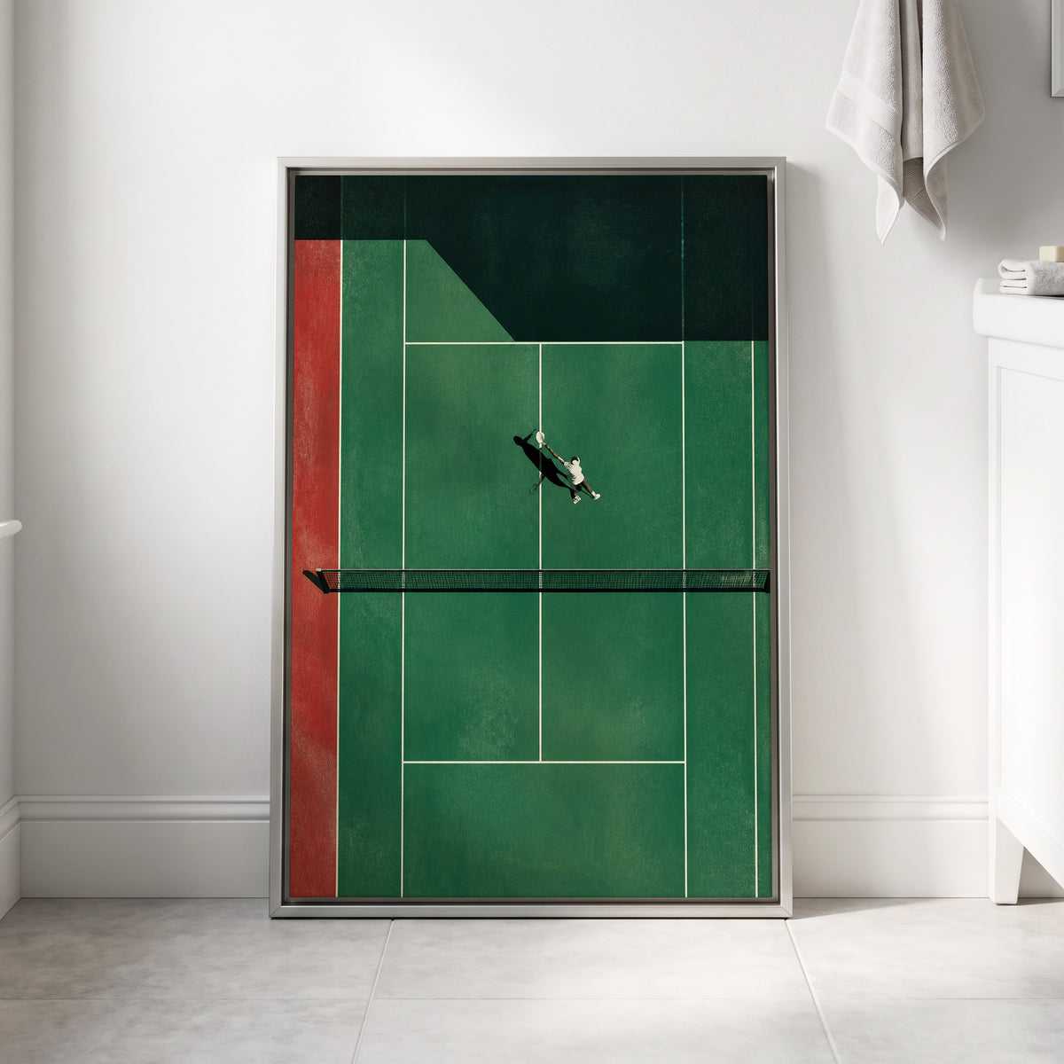 Court in Motion, green, black, red minimalist wall art displayed in a styled interior, gallery view 4
