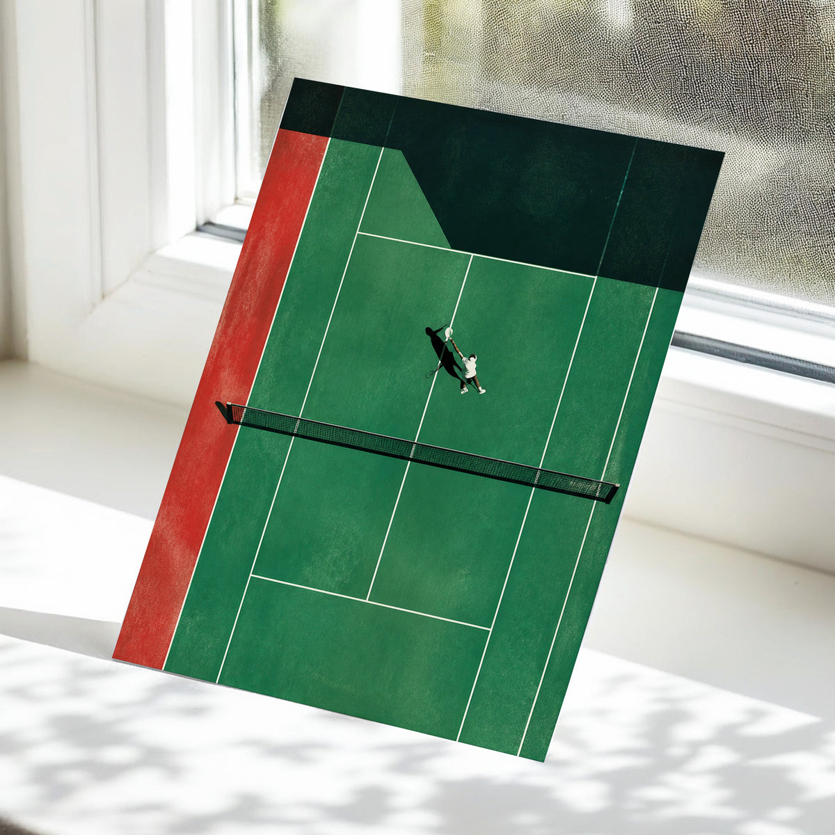 Court in Motion, green, black, red minimalist wall art displayed in a styled interior, gallery view 5