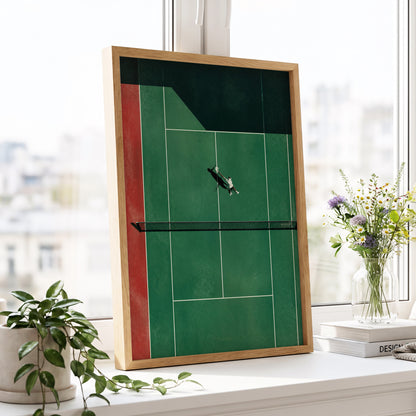 Court in Motion, green, black, red minimalist wall art displayed in a styled interior, gallery view 6