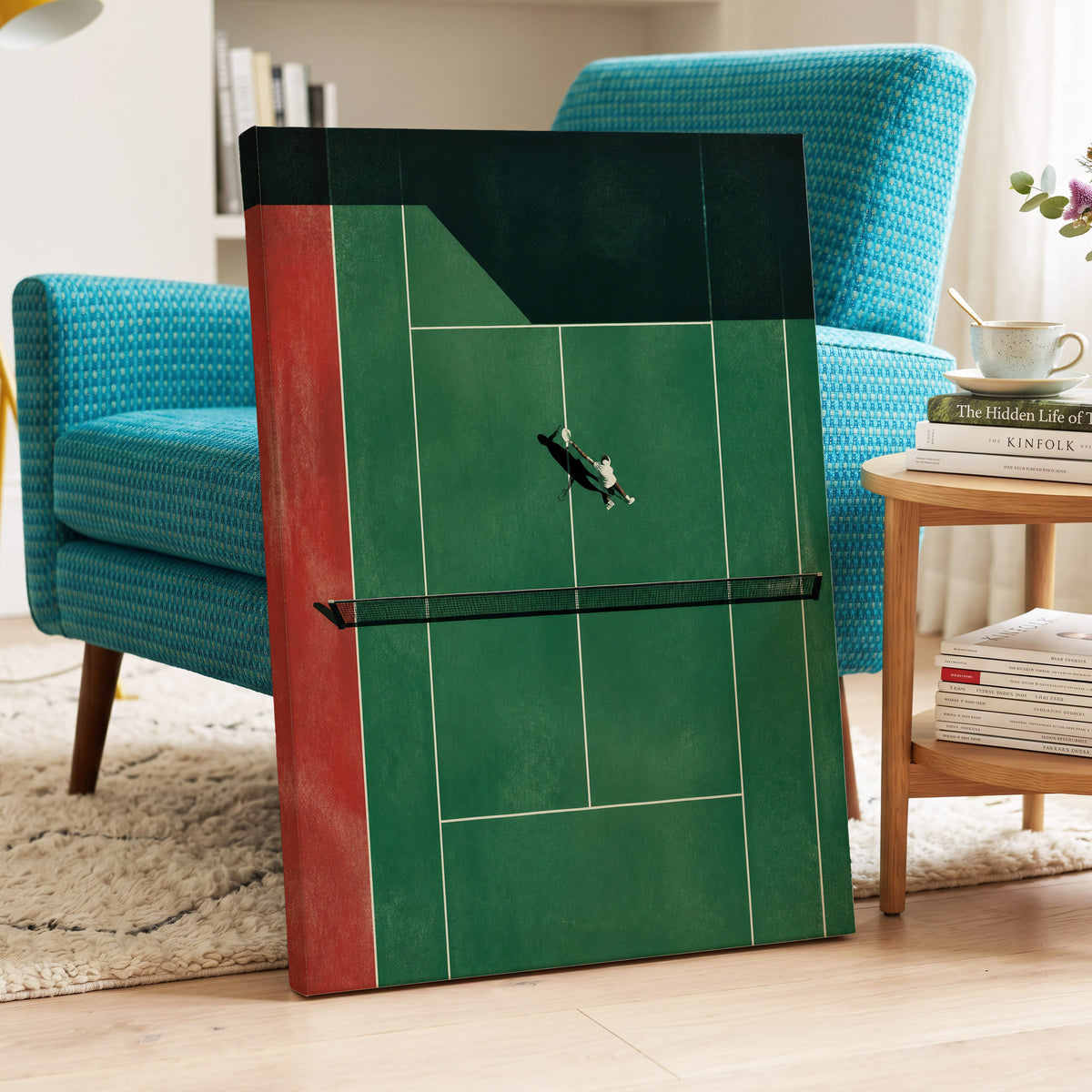 Court in Motion, green, black, red minimalist wall art displayed in a styled interior, gallery view 7