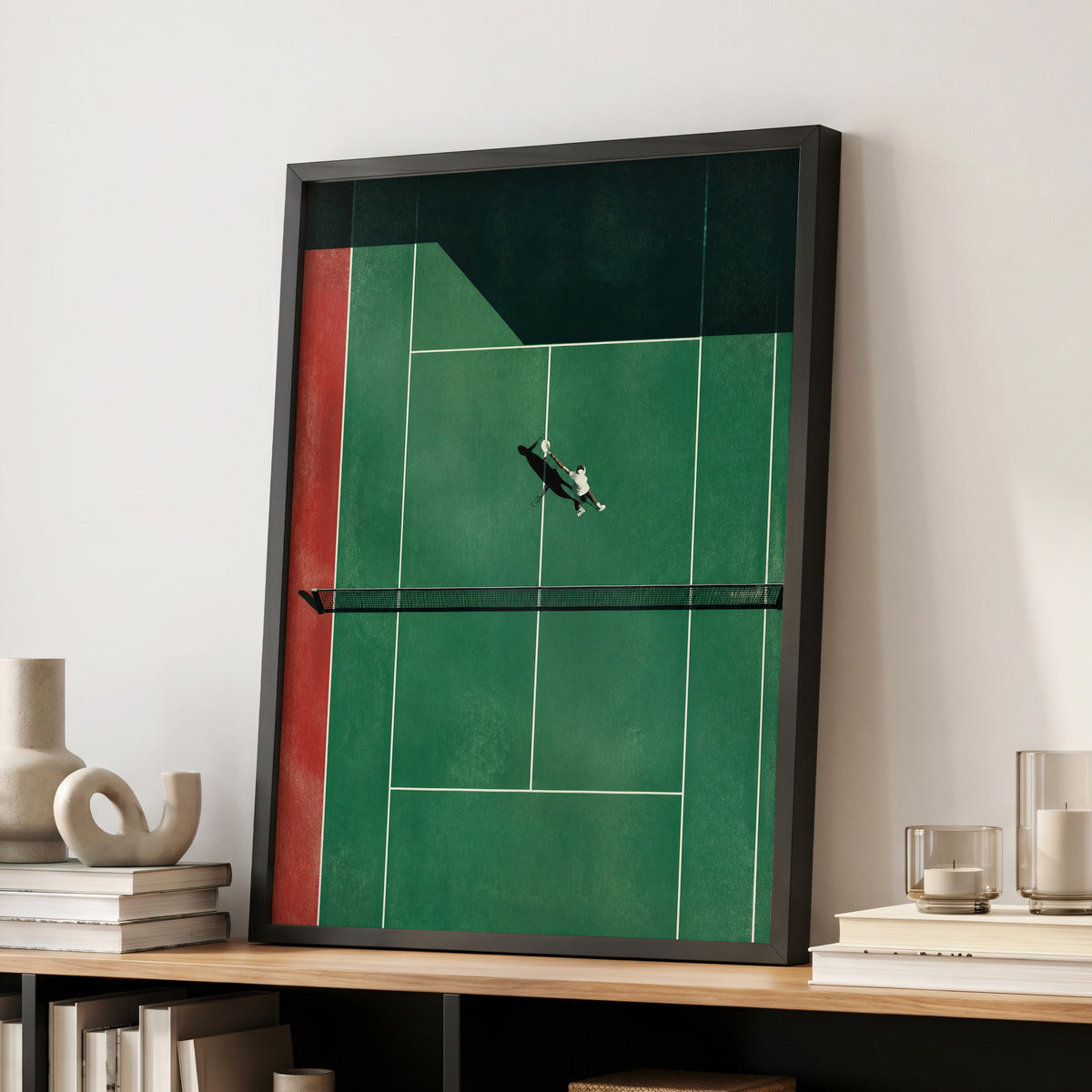 Court in Motion, green, black, red minimalist wall art displayed in a styled interior, gallery view 9
