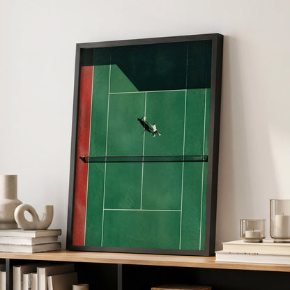 Court in Motion, green, black, red minimalist wall art displayed in a styled interior, gallery view 9