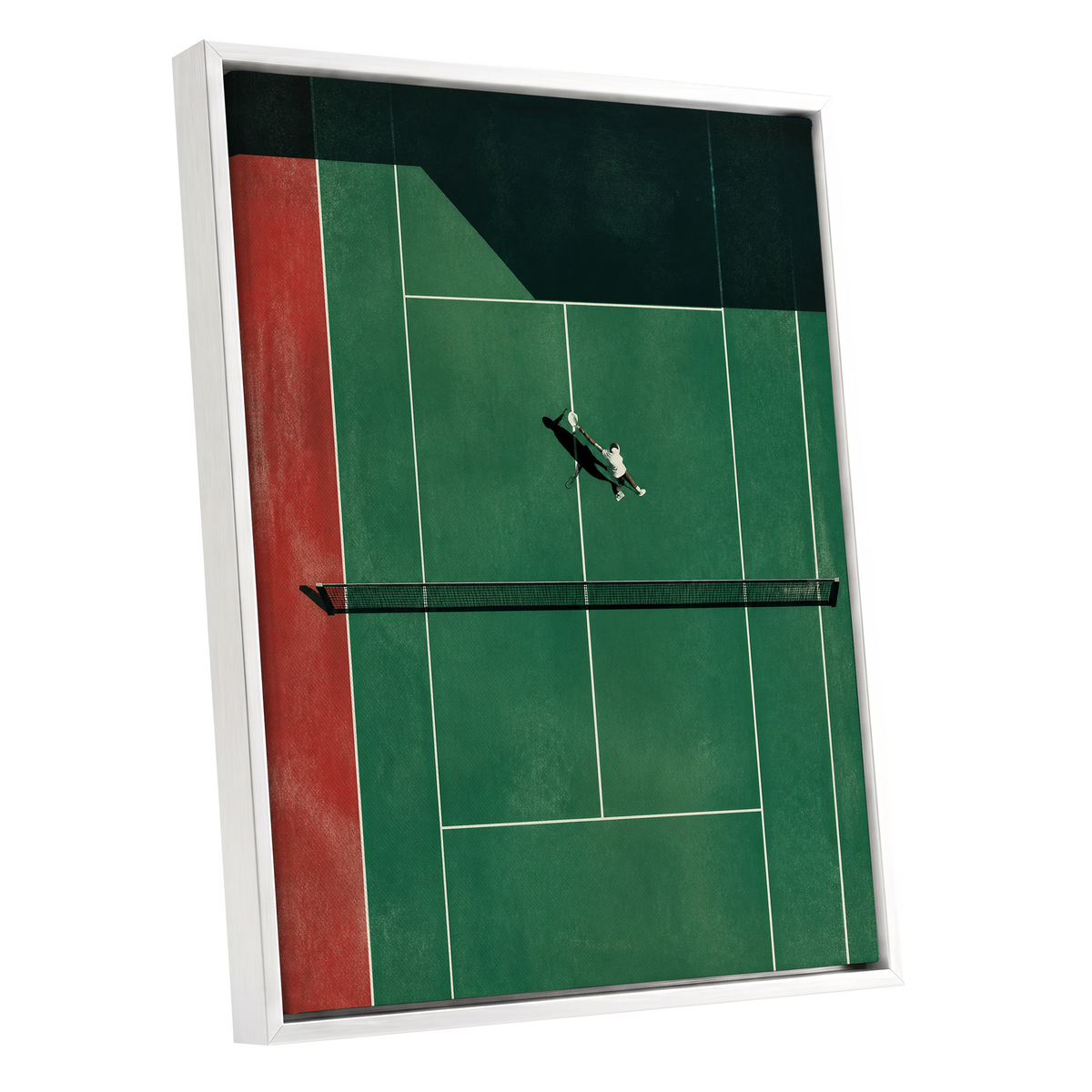Court in Motion, green, black, red minimalist wall art shown as a white framed canvas wall art