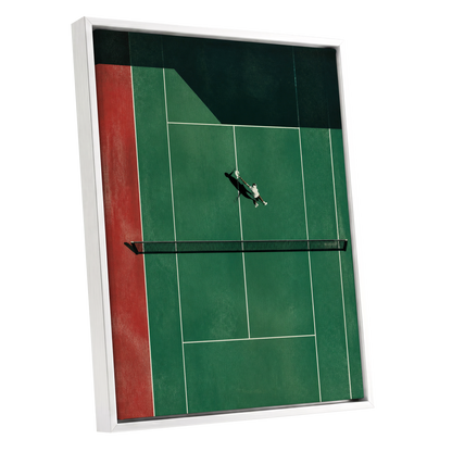Court in Motion, green, black, red minimalist wall art shown as a white framed canvas wall art