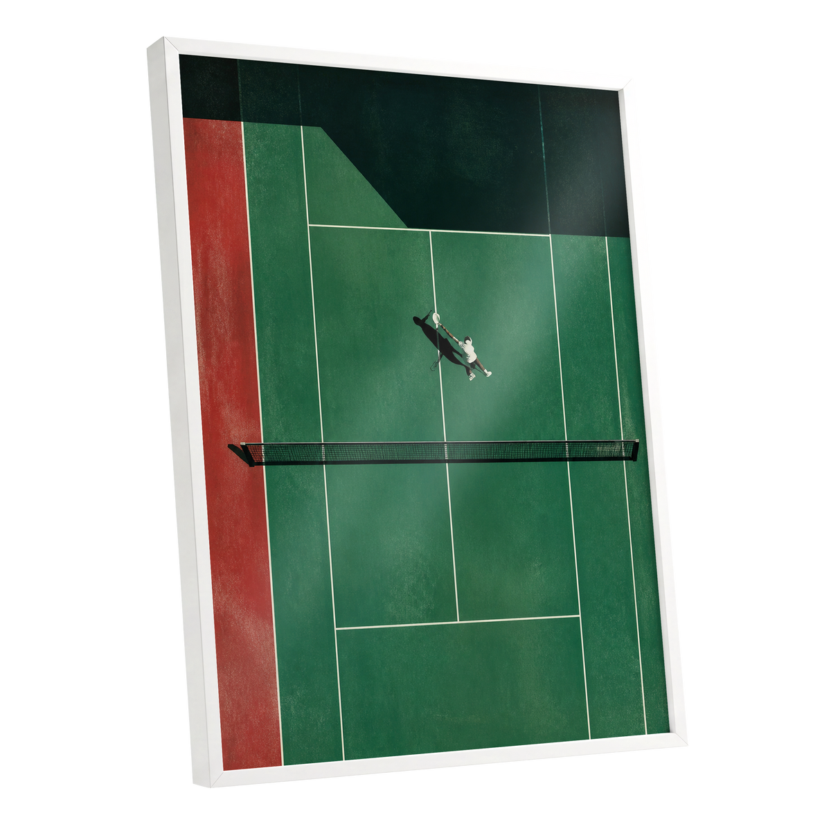 Court in Motion, green, black, red minimalist wall art shown as a white framed poster wall art print