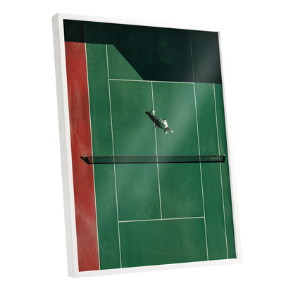 Court in Motion, green, black, red minimalist wall art shown as a white framed poster wall art print