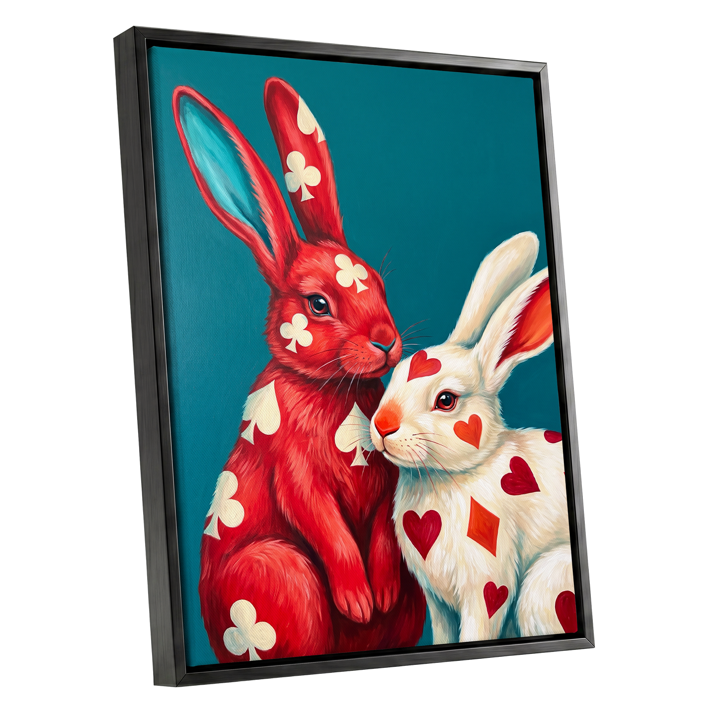 Courtship in Cards, red, white, blue nature wall art shown as a black framed canvas wall art