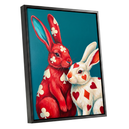 Courtship in Cards, red, white, blue nature wall art shown as a black framed canvas wall art