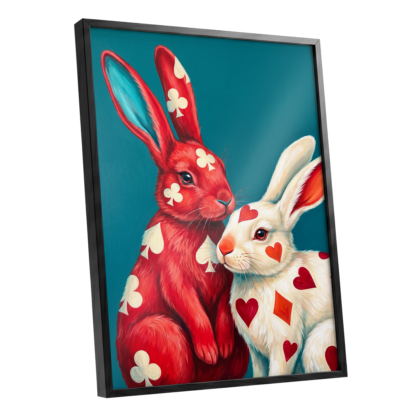Courtship in Cards, red, white, blue nature wall art shown as a black framed poster wall art print
