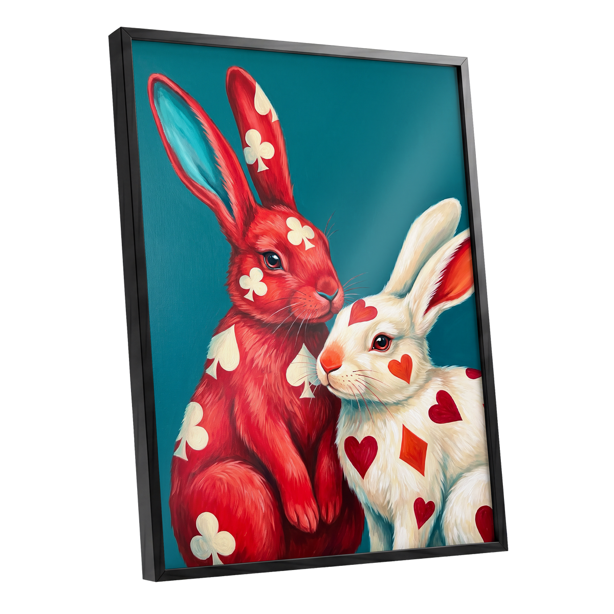 Courtship in Cards, red, white, blue nature wall art shown as a black framed poster wall art print