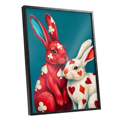 Courtship in Cards, red, white, blue nature wall art shown as a black framed poster wall art print