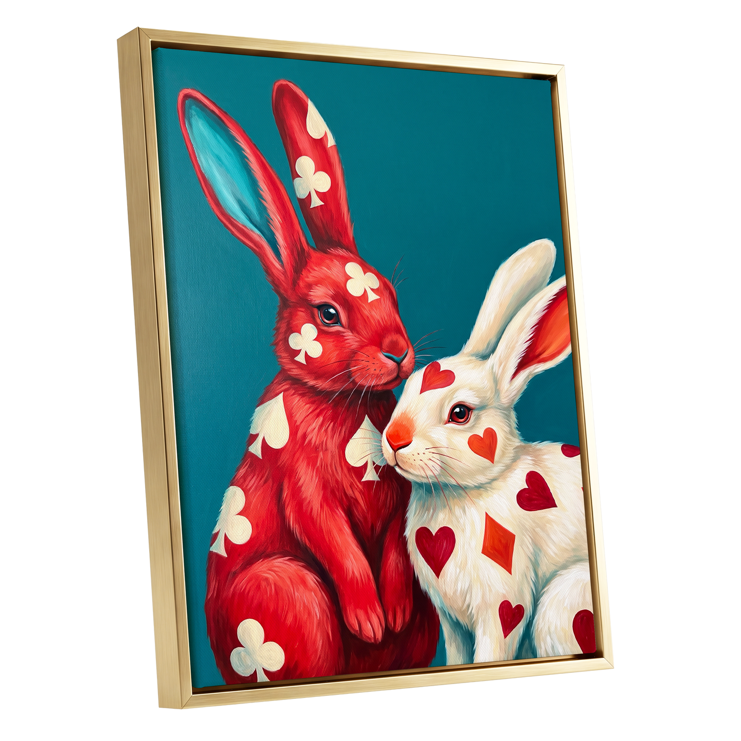 Courtship in Cards, red, white, blue nature wall art shown as a gold framed canvas wall art