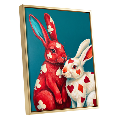 Courtship in Cards, red, white, blue nature wall art shown as a gold framed canvas wall art