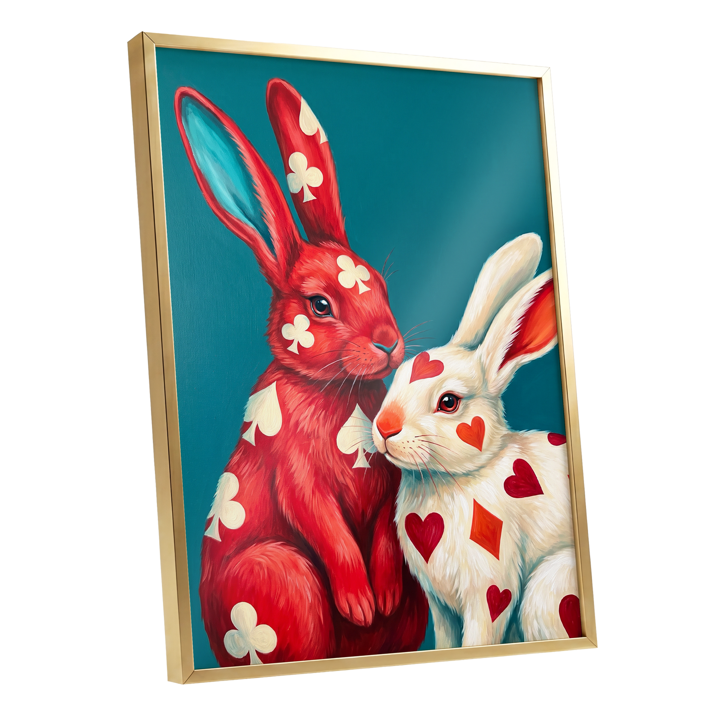 Courtship in Cards, red, white, blue nature wall art shown as a gold framed poster wall art print