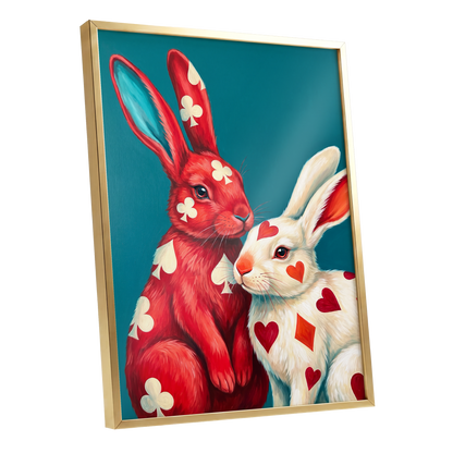 Courtship in Cards, red, white, blue nature wall art shown as a gold framed poster wall art print