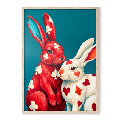 Courtship in Cards, red, white, blue nature wall art, front artwork view