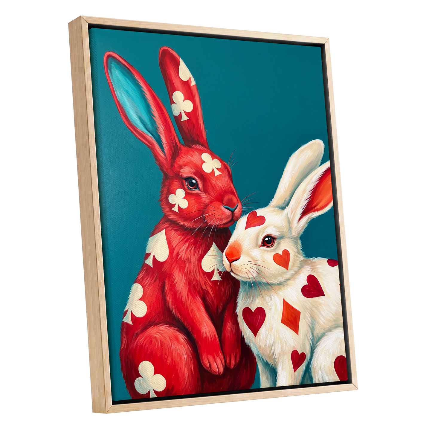 Courtship in Cards, red, white, blue nature wall art shown as a oak framed canvas wall art