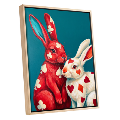 Courtship in Cards, red, white, blue nature wall art shown as a oak framed canvas wall art