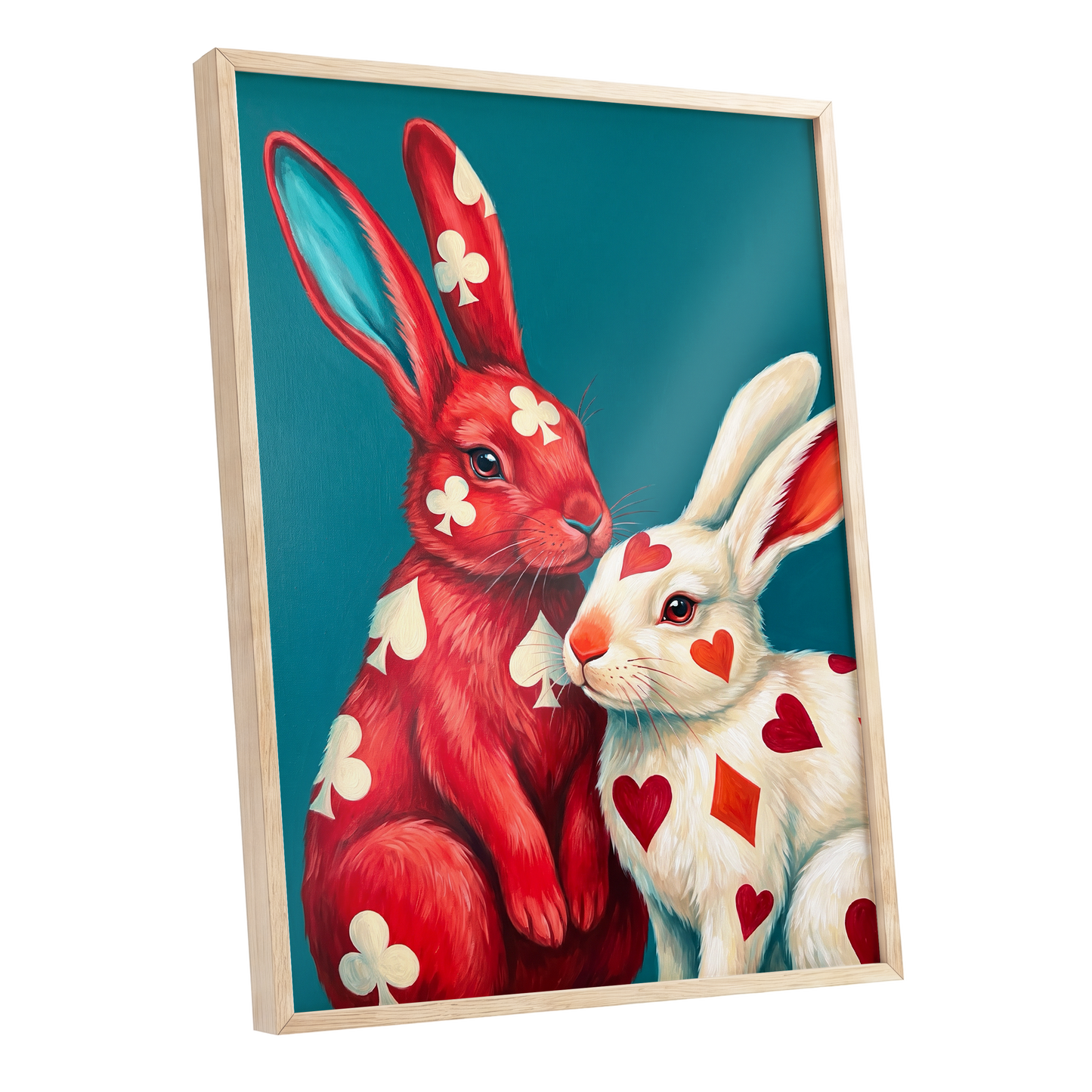 Courtship in Cards, red, white, blue nature wall art shown as a oak framed poster wall art print