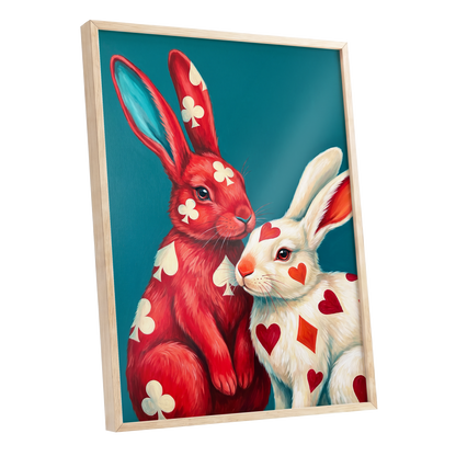 Courtship in Cards, red, white, blue nature wall art shown as a oak framed poster wall art print