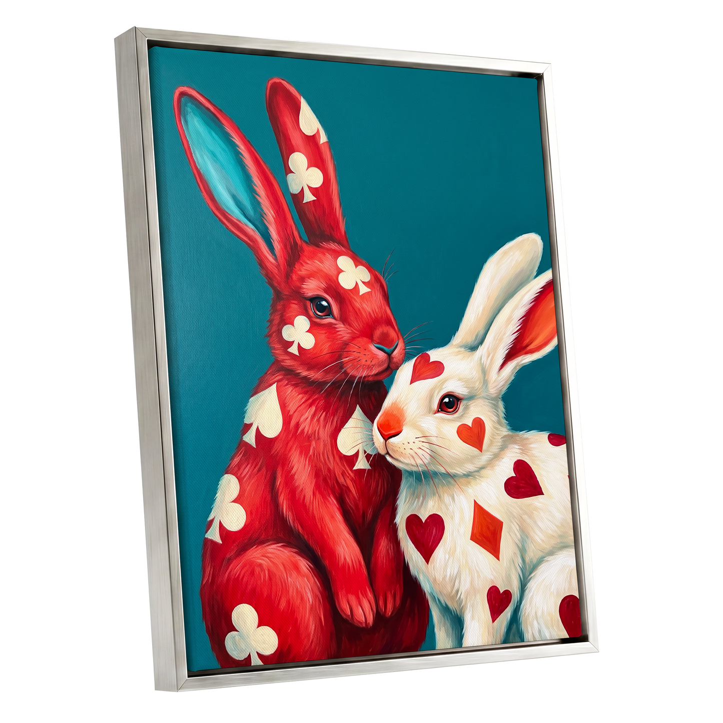 Courtship in Cards, red, white, blue nature wall art shown as a silver framed canvas wall art