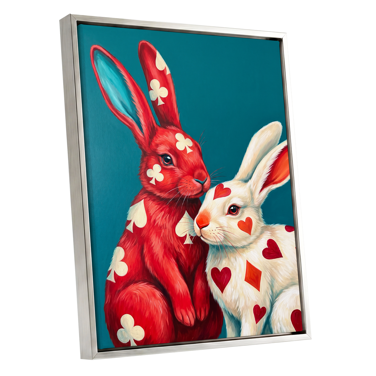 Courtship in Cards, red, white, blue nature wall art shown as a silver framed canvas wall art