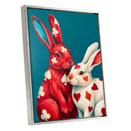 Courtship in Cards, red, white, blue nature wall art shown as a silver framed canvas wall art