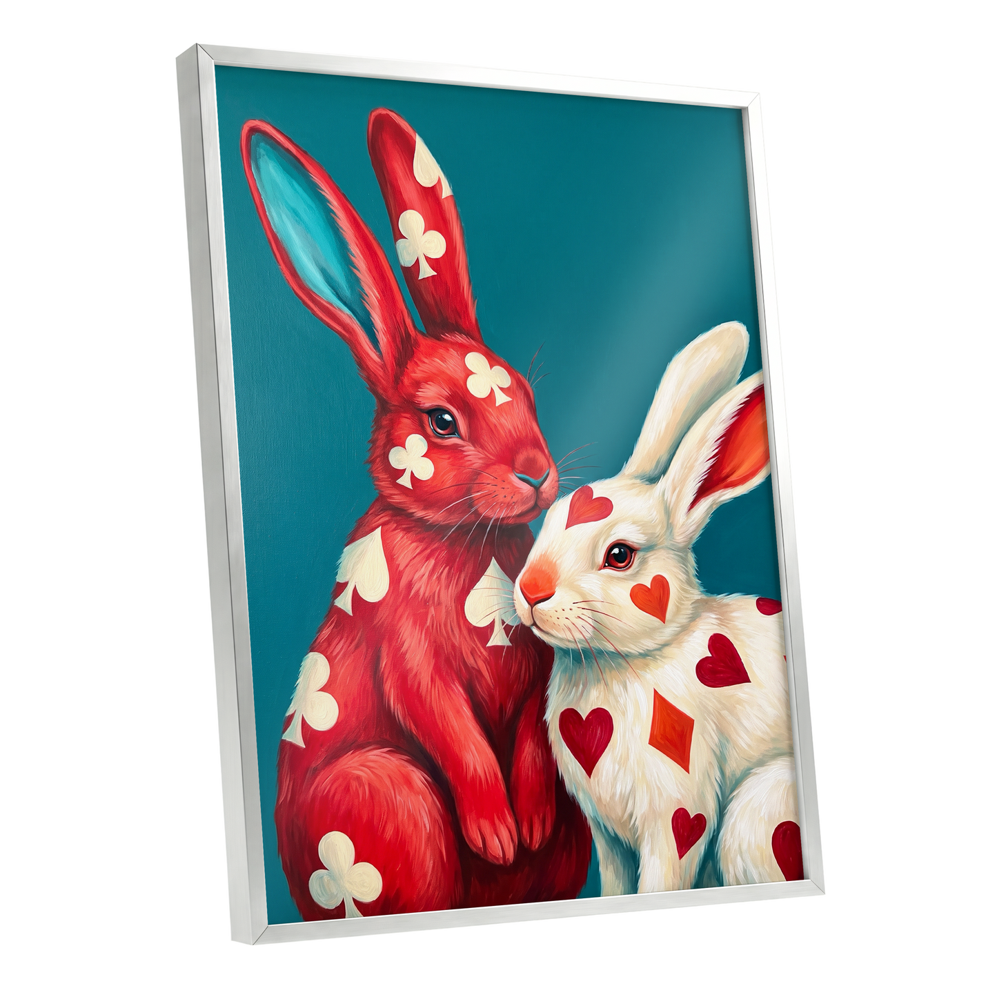 Courtship in Cards, red, white, blue nature wall art shown as a silver framed poster wall art print