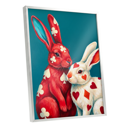 Courtship in Cards, red, white, blue nature wall art shown as a silver framed poster wall art print